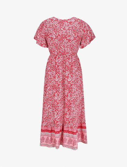 Robe longue à fleurs et manches courtes - Rouge - 2