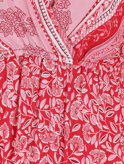 Robe longue à fleurs et manches courtes - Rouge - 3