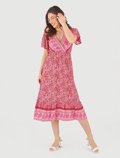 Robe longue à fleurs et manches courtes - Rouge - 4