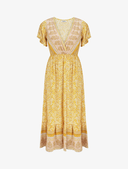 Robe longue à fleurs et manches courtes - Jaune - 1