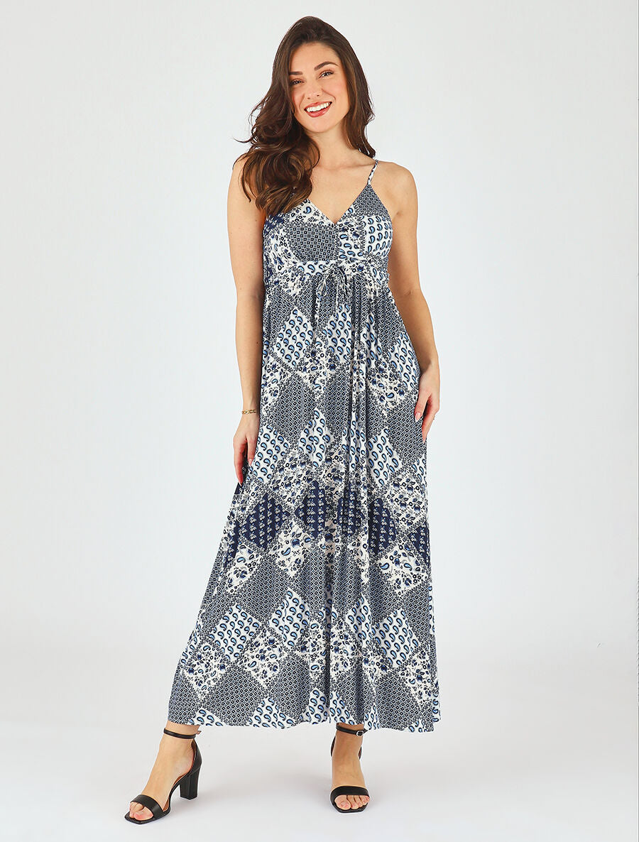 Robe longue à fines bretelles imprimé foulard - Bleu - 4