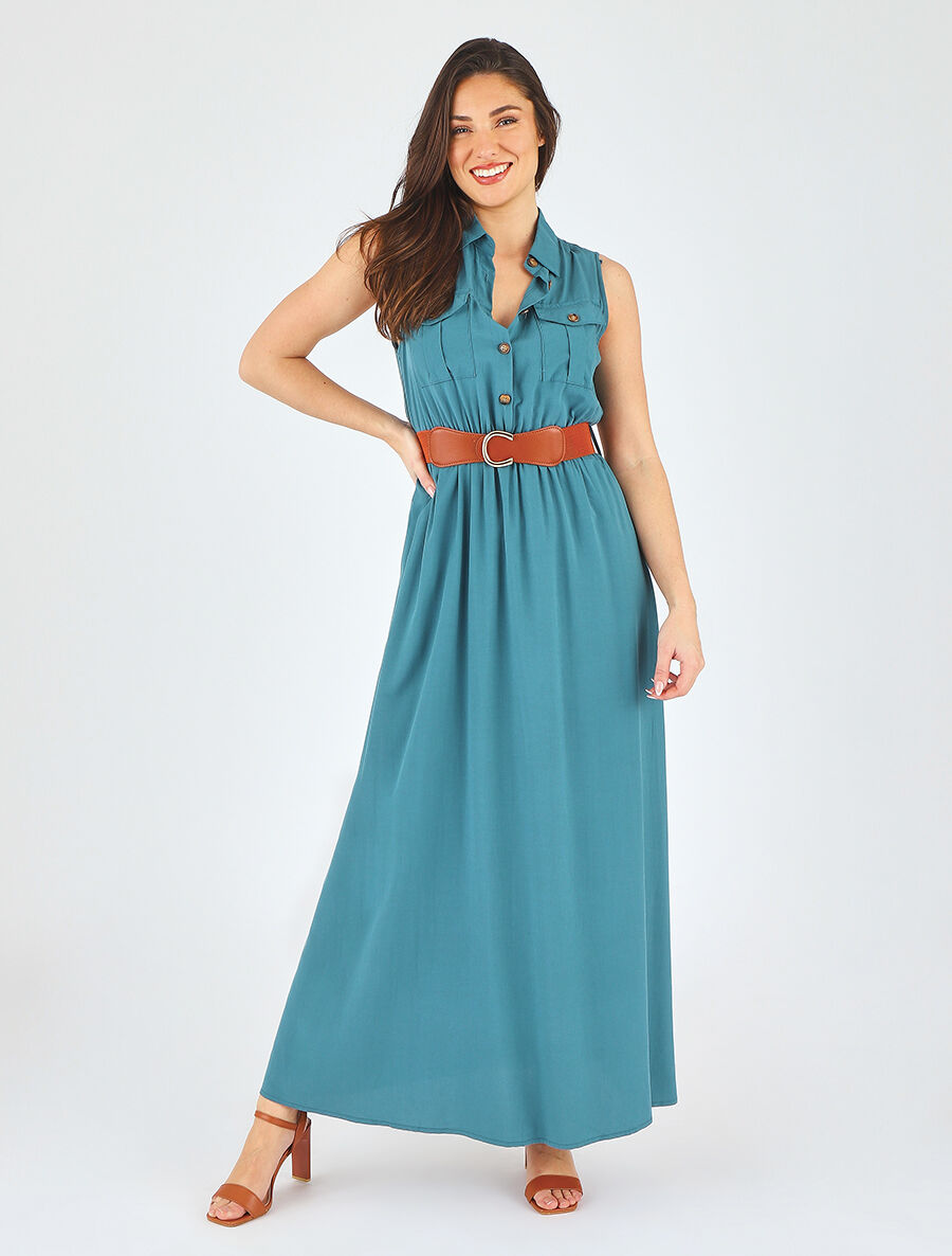 Robe longue unie sans manches - Bleu canard - 4
