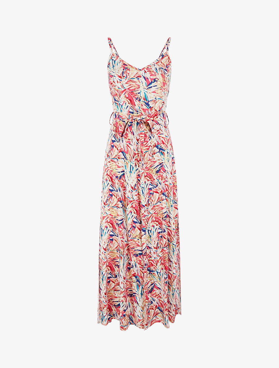 Robe longue évasée à fines bretelles imprimé tropical - Rouge/rose - 7
