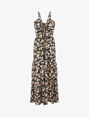 Robe longue évasée imprimé fleur irisé à bretelles - Noir - 1