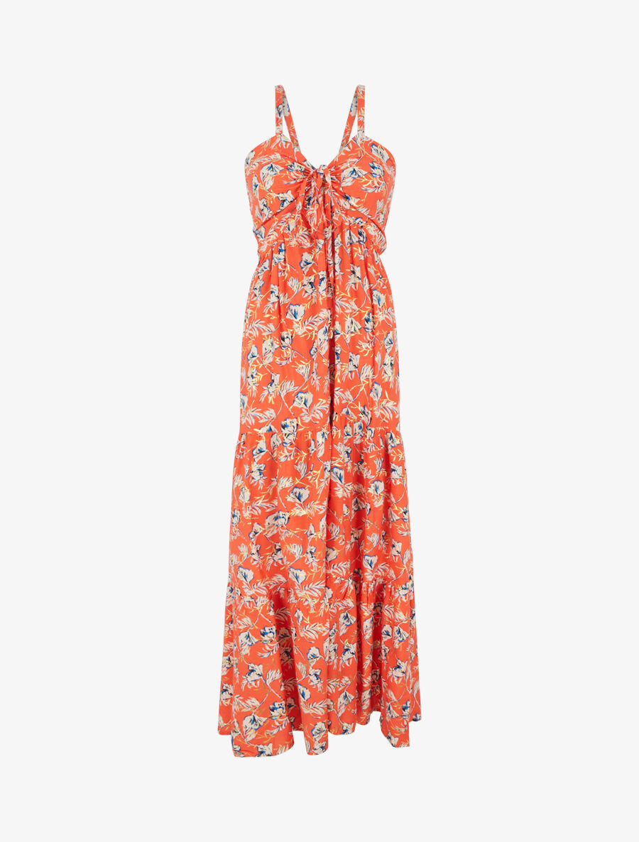 Robe longue évasée imprimé fleur irisé à bretelles - Orange - 4