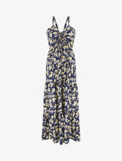 Robe longue évasée imprimé fleur irisé à bretelles - Marine - 4