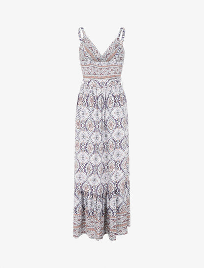 Robe longue évasée imprimé arabesque fleuri à bretelles - Violet - 2