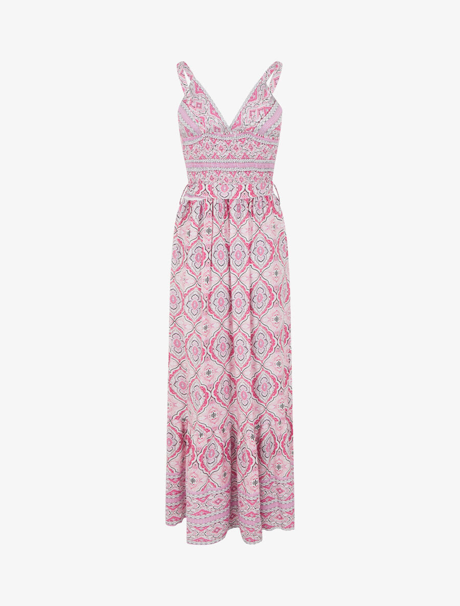Robe longue évasée imprimé arabesque fleuri à bretelles - Rose - 2