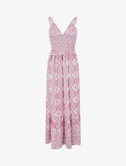 Robe longue évasée imprimé arabesque fleuri à bretelles - Rose - 2