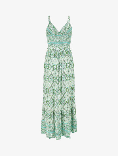Robe longue évasée imprimé arabesque fleuri à bretelles - Vert - 2