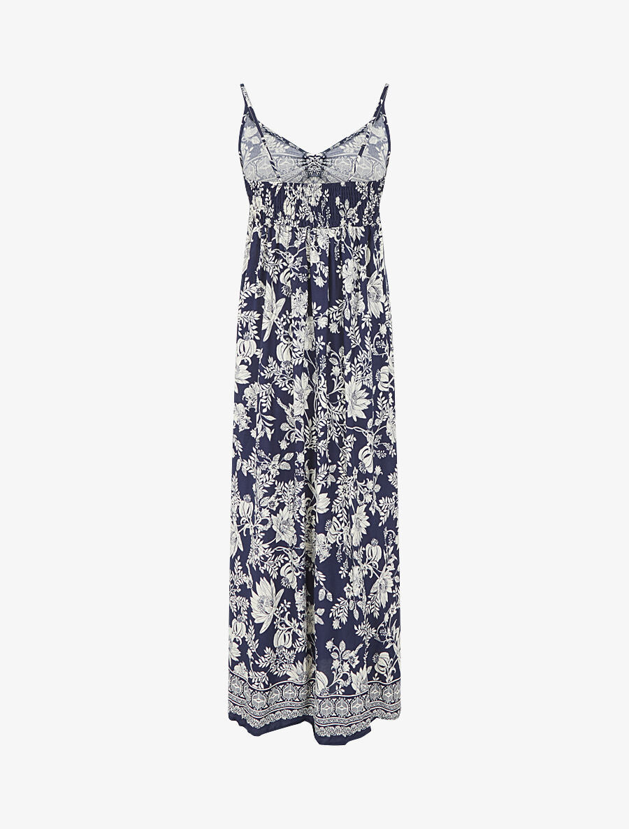 Robe longue empire à liens imprimé à fleurs - Marine - 2