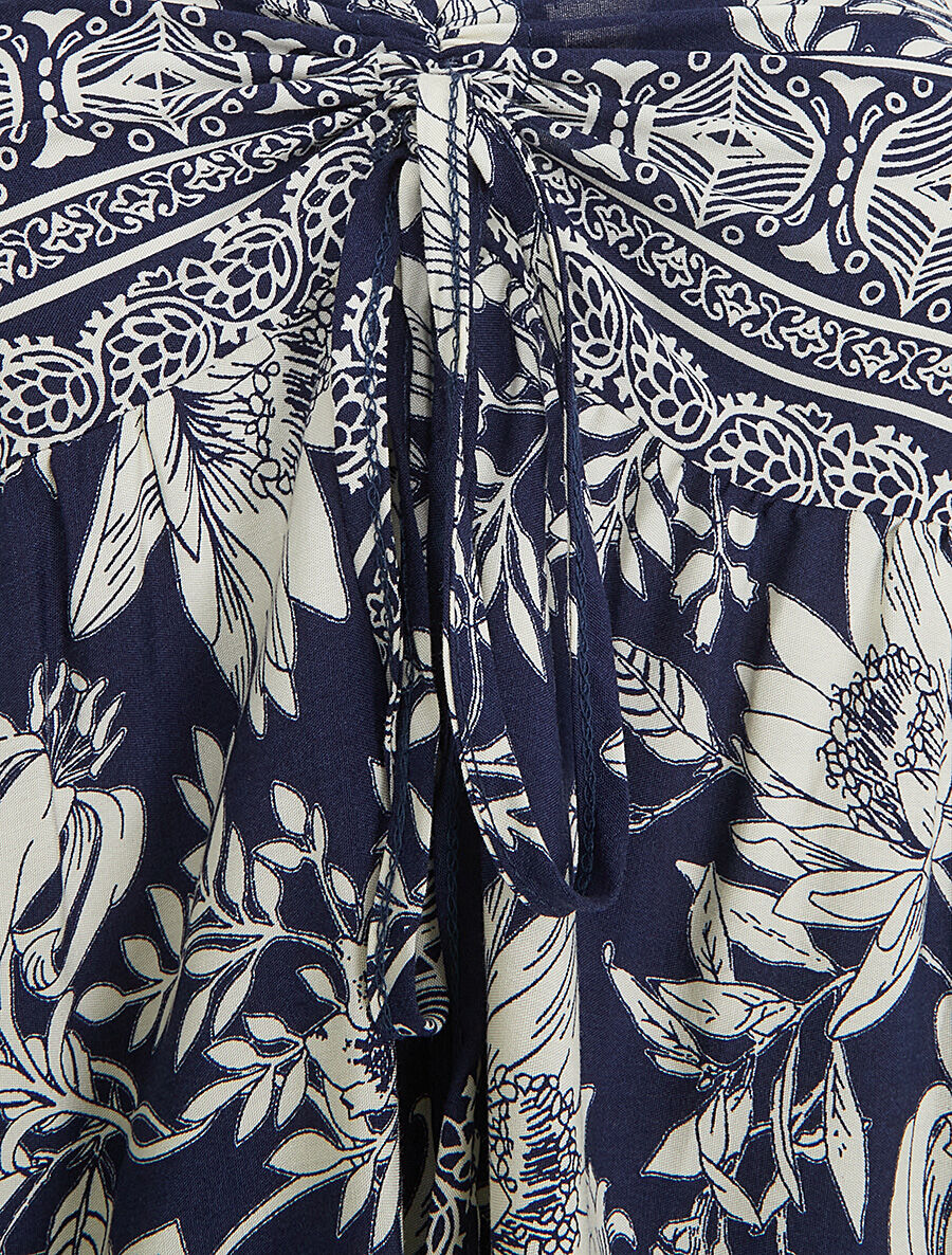 Robe longue empire à liens imprimé à fleurs - Marine - 3