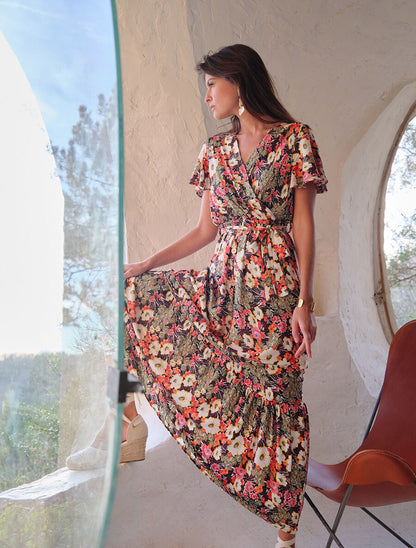 Robe longue fleurie à boutons décoratifs - Noir - 4