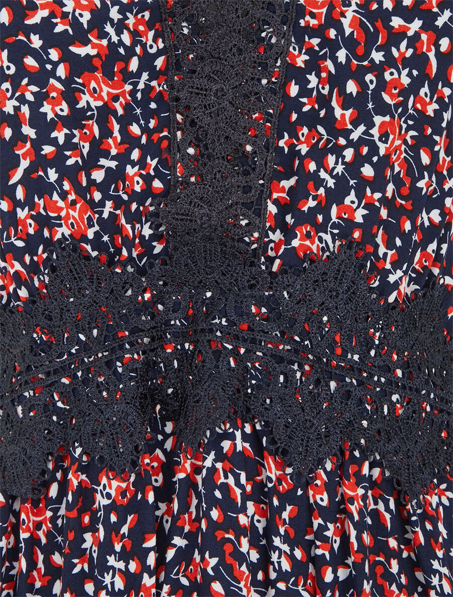 Robe longue fleuri à detail broderies - Marine - 3