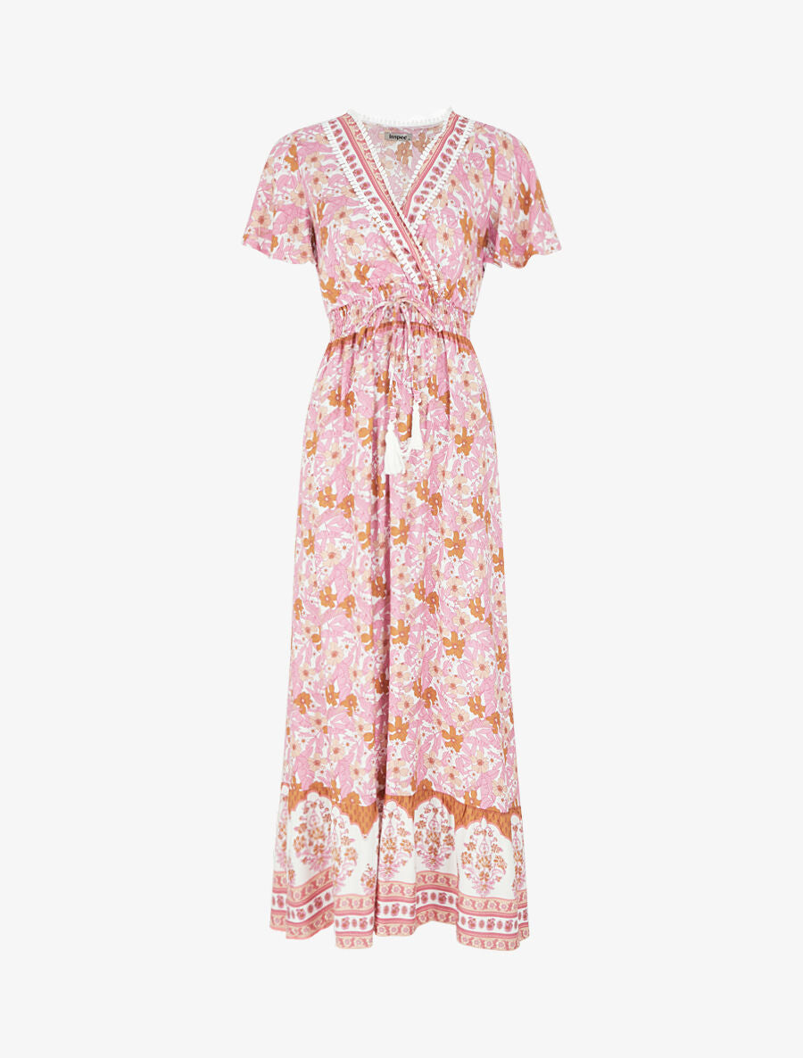 Robe fleurie à cordons de serrage - Rose - 5