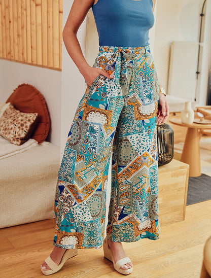 Pantalon fluide élastiqué imprimé abstrait - Kaki - 7