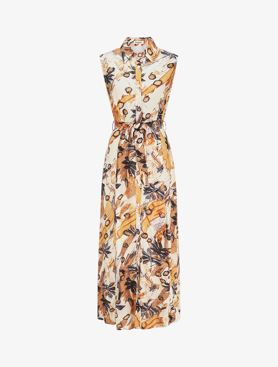 Robe longue sans manches imprimé feuille - Beige - 4