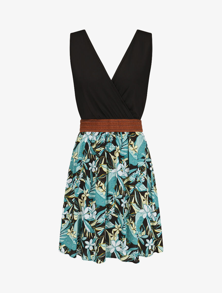Robe élastiquée à jupe imprimé fleuri - Vert - 1