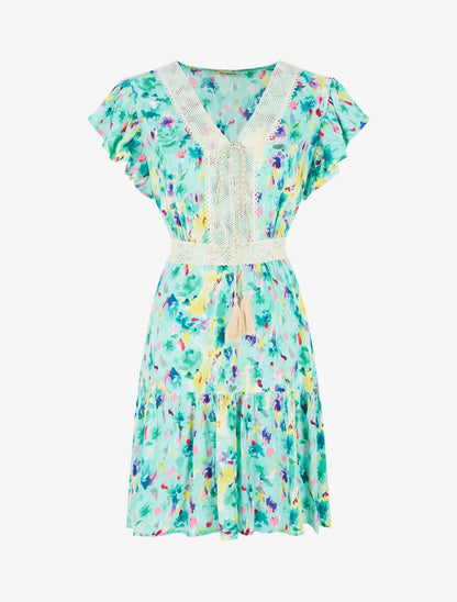 Robe imprimé aquarelle à col V brodé - Vert d&