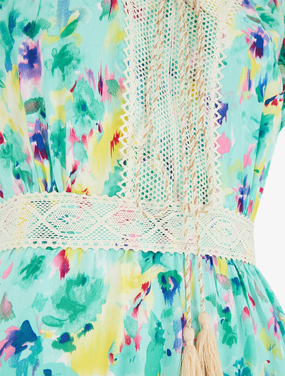 Robe imprimé aquarelle à col V brodé - Vert d&