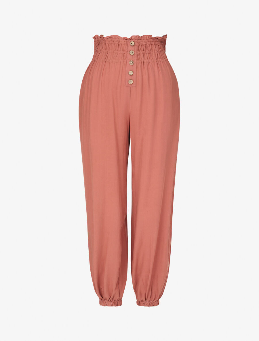 Pantalon uni à bords élastiqués et boutons décoratifs - Corail - 1