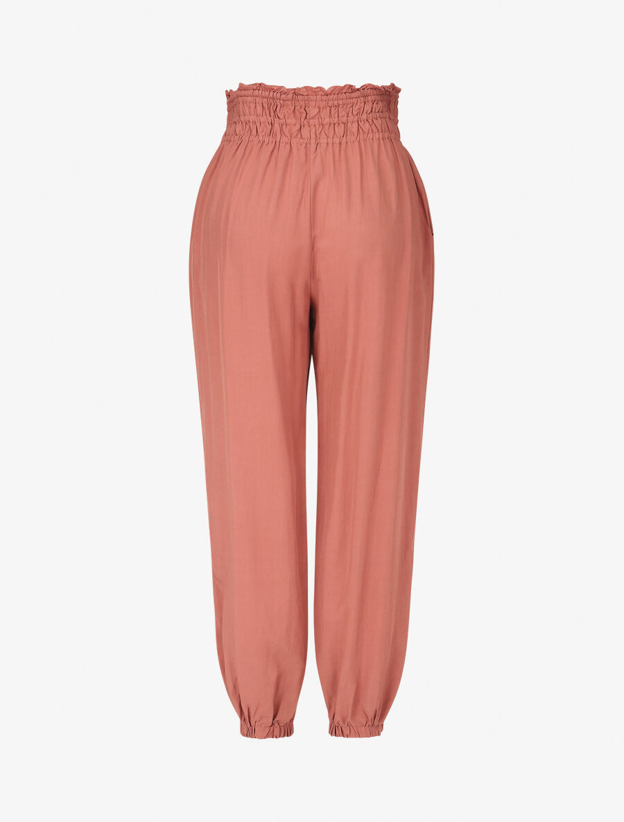 Pantalon uni à bords élastiqués et boutons décoratifs - Corail - 2