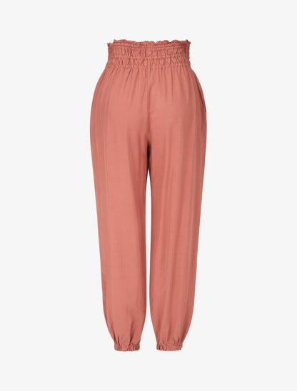 Pantalon uni à bords élastiqués et boutons décoratifs - Corail - 2