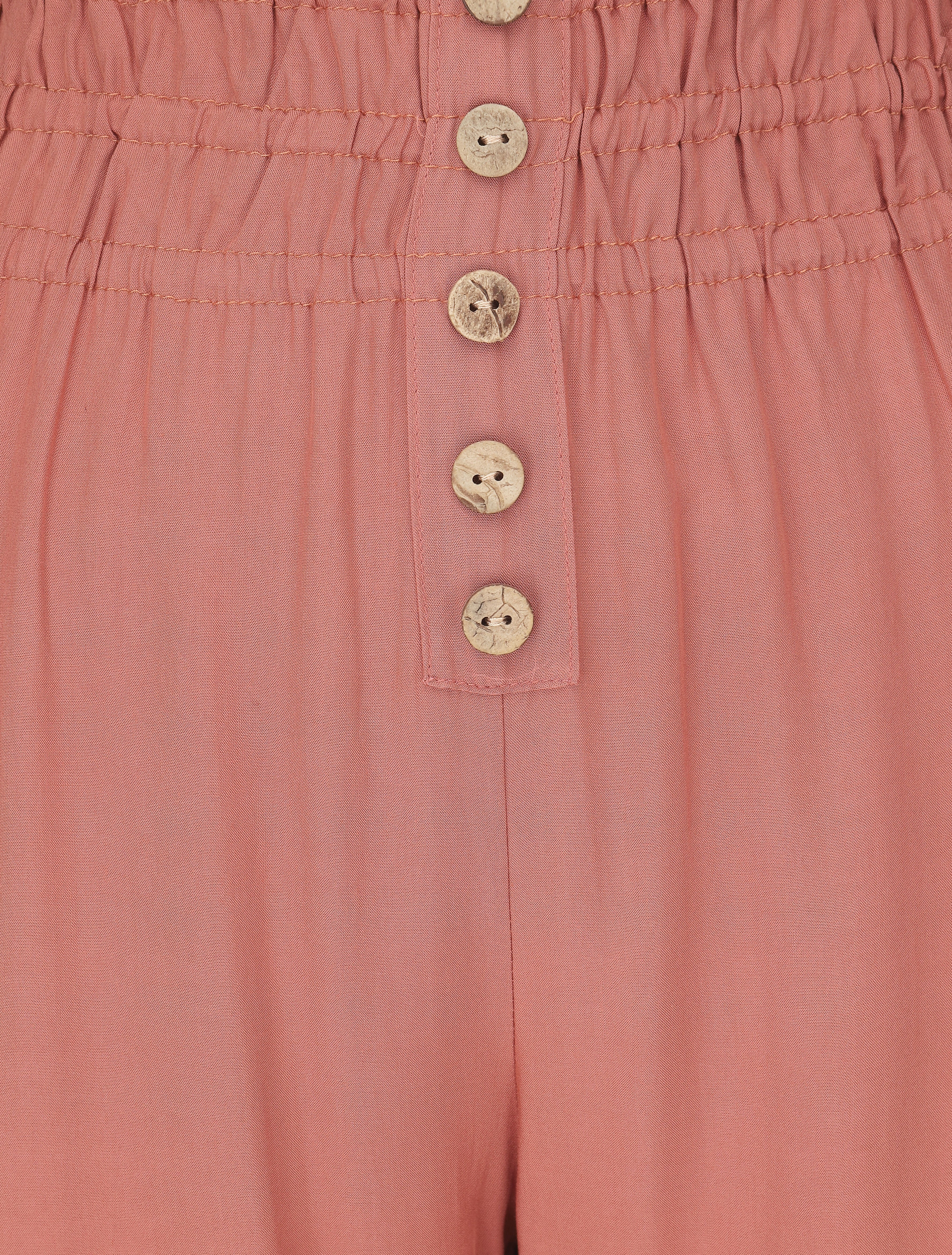 Pantalon uni à bords élastiqués et boutons décoratifs - Corail - 3