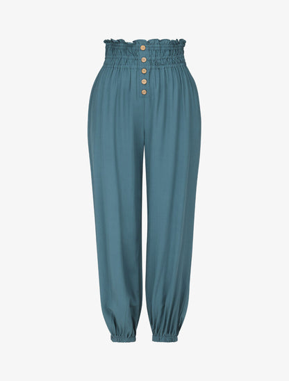 Pantalon uni à bords élastiqués et boutons décoratifs - Bleu canard - 1