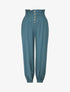 Pantalon uni à bords élastiqués et boutons décoratifs - Bleu canard - 1