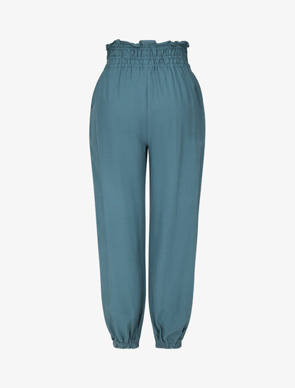 Pantalon uni à bords élastiqués et boutons décoratifs - Bleu canard - 2
