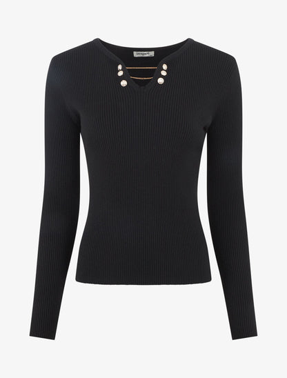 Pull côtelé ajusté à col bijoux - Noir - 5