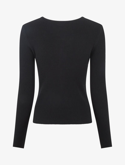 Pull côtelé ajusté à col bijoux - Noir - 2