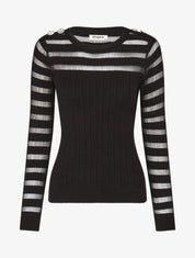 Pull uni à bandes ajourées et bijoux aux épaules - Noir - 1