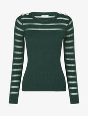 Pull uni à bandes ajourées et bijoux aux épaules - Vert sapin - 4