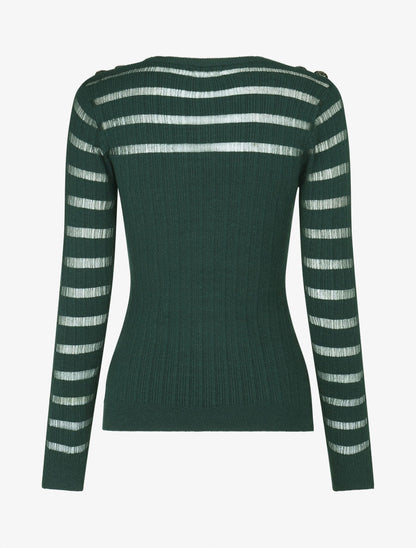 Pull uni à bandes ajourées et bijoux aux épaules - Vert sapin - 2