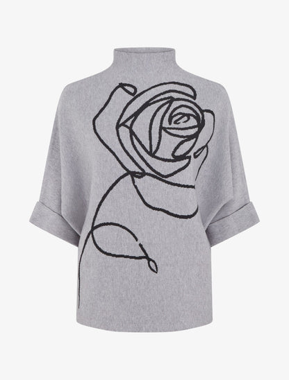 Pull ample manches 3/4 motif rose - Gris - 1