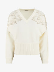 Pull uni à empiècement strass et perles aux épaules - Écru - 1