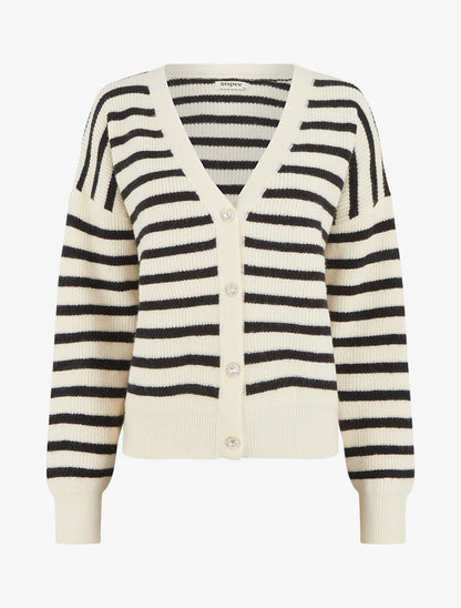 Cardigan rayé à boutons strassés - Blanc - 1