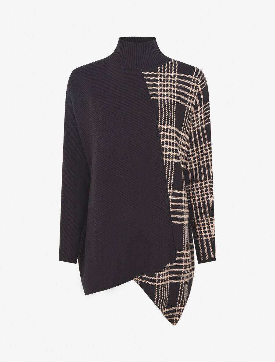 Pull ample motif carreaux et bord asymétriques - Noir - 1