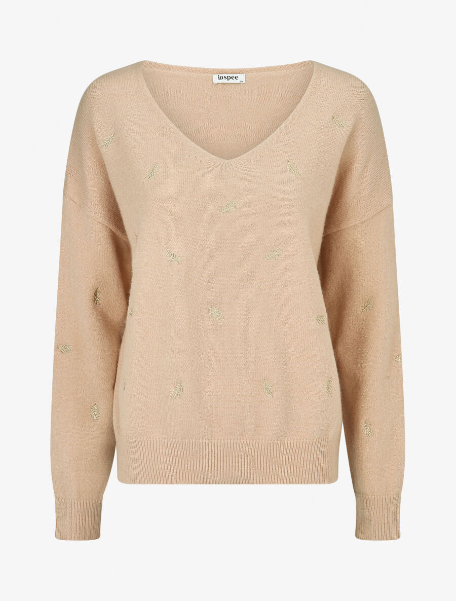Pull uni à détail feuilles irisées - Taupe - 1