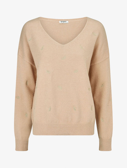 Pull uni à détail feuilles irisées - Taupe - 1