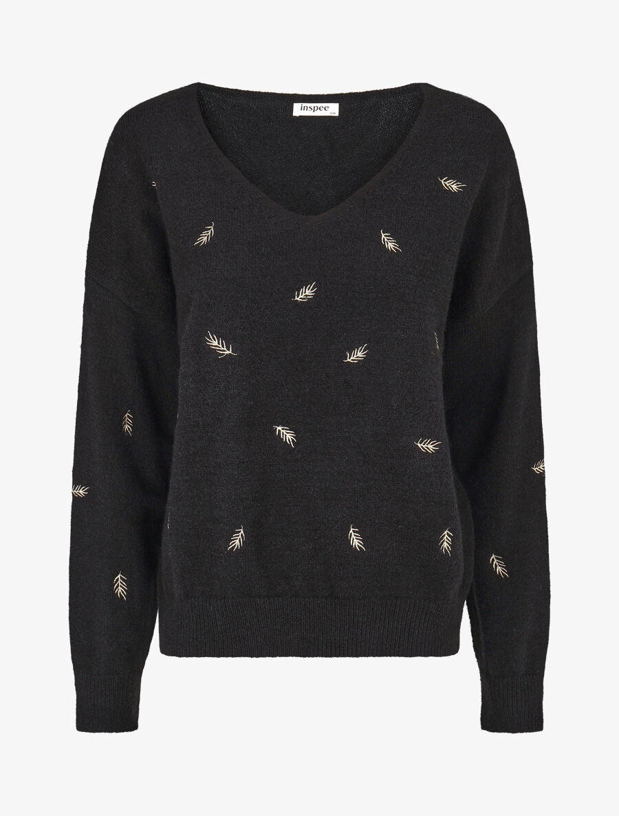 Pull uni à détail feuilles irisées - Noir - 5
