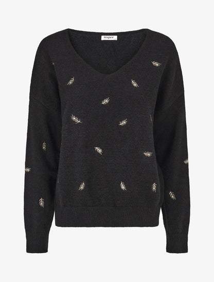 Pull uni à détail feuilles irisées - Noir - 5