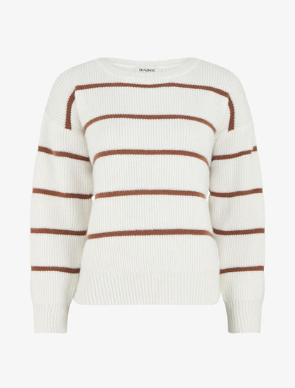 Pull droit col rond à rayures - Blanc - 1