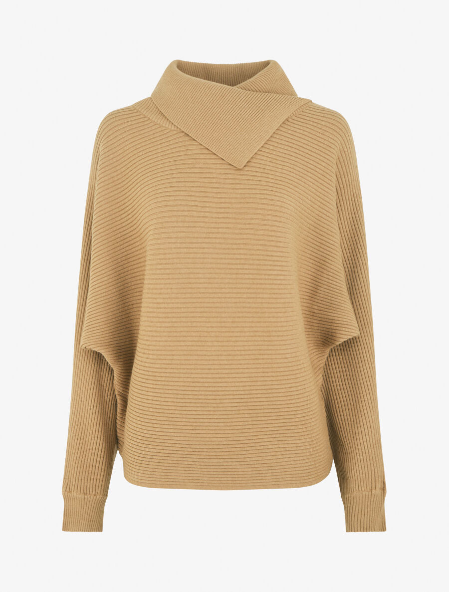 Pull ample côtelé à col montant asymétrique - Beige - 4