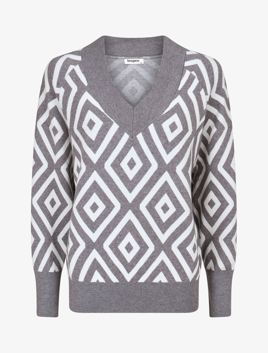 Pull imprimé losanges à col V - Gris - 4