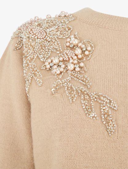 Pull uni orné de perles et strass - Taupe - 3