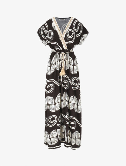 Robe longue à manches courtes imprimé fantaisie - Noir - 1