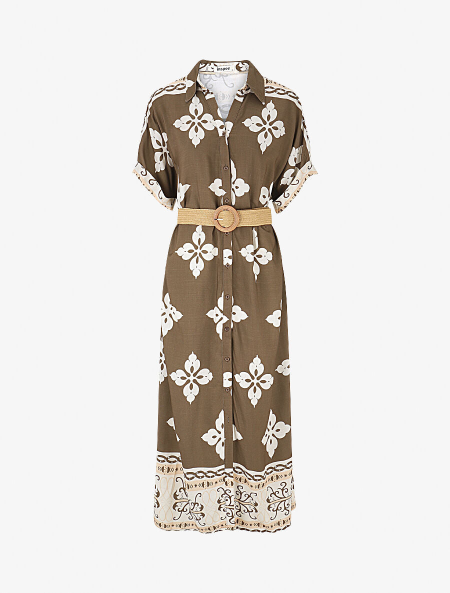 Robe chemise longue manches courtes imprimé floral - Taupe - 1